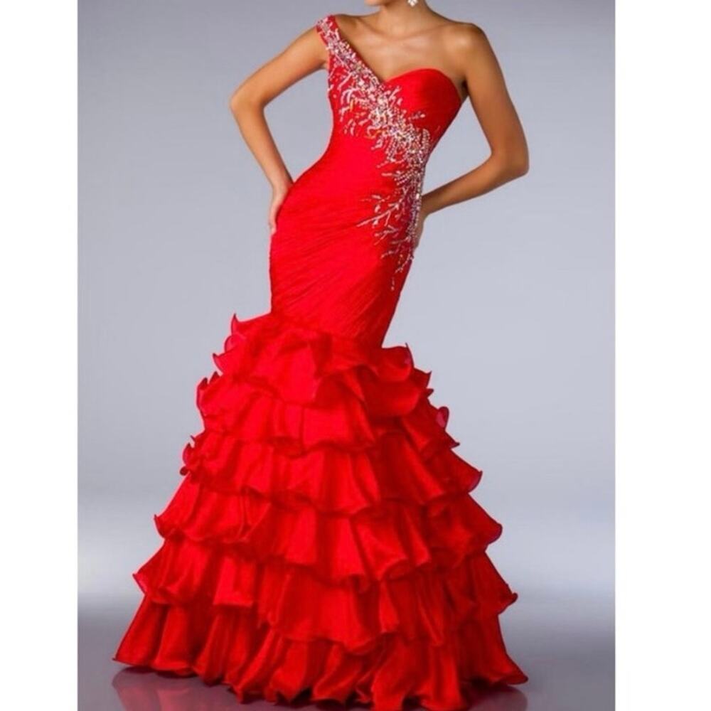 Mac Duggal Red One-Shoulder Ruffled Mermaid Prom Dress
